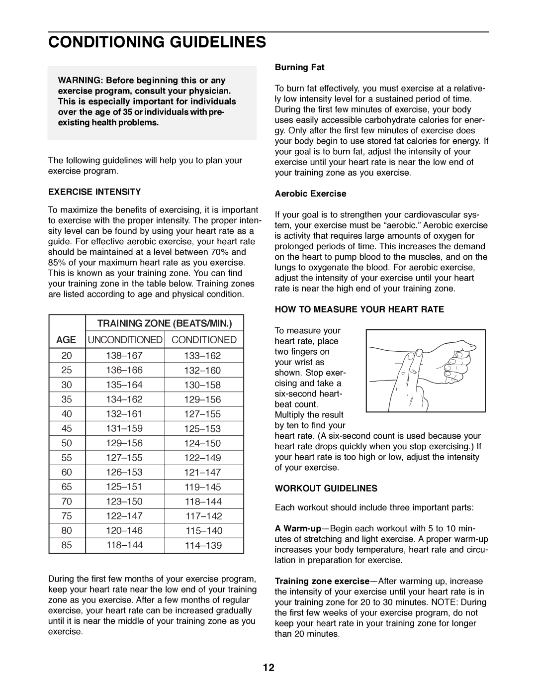 Weslo WLEX27181 user manual Conditioning Guidelines, Exercise Intensity, HOW to Measure Your Heart Rate, Workout Guidelines 