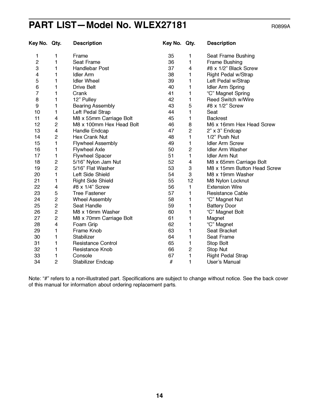 Weslo user manual Part LISTÑModel No. WLEX27181 