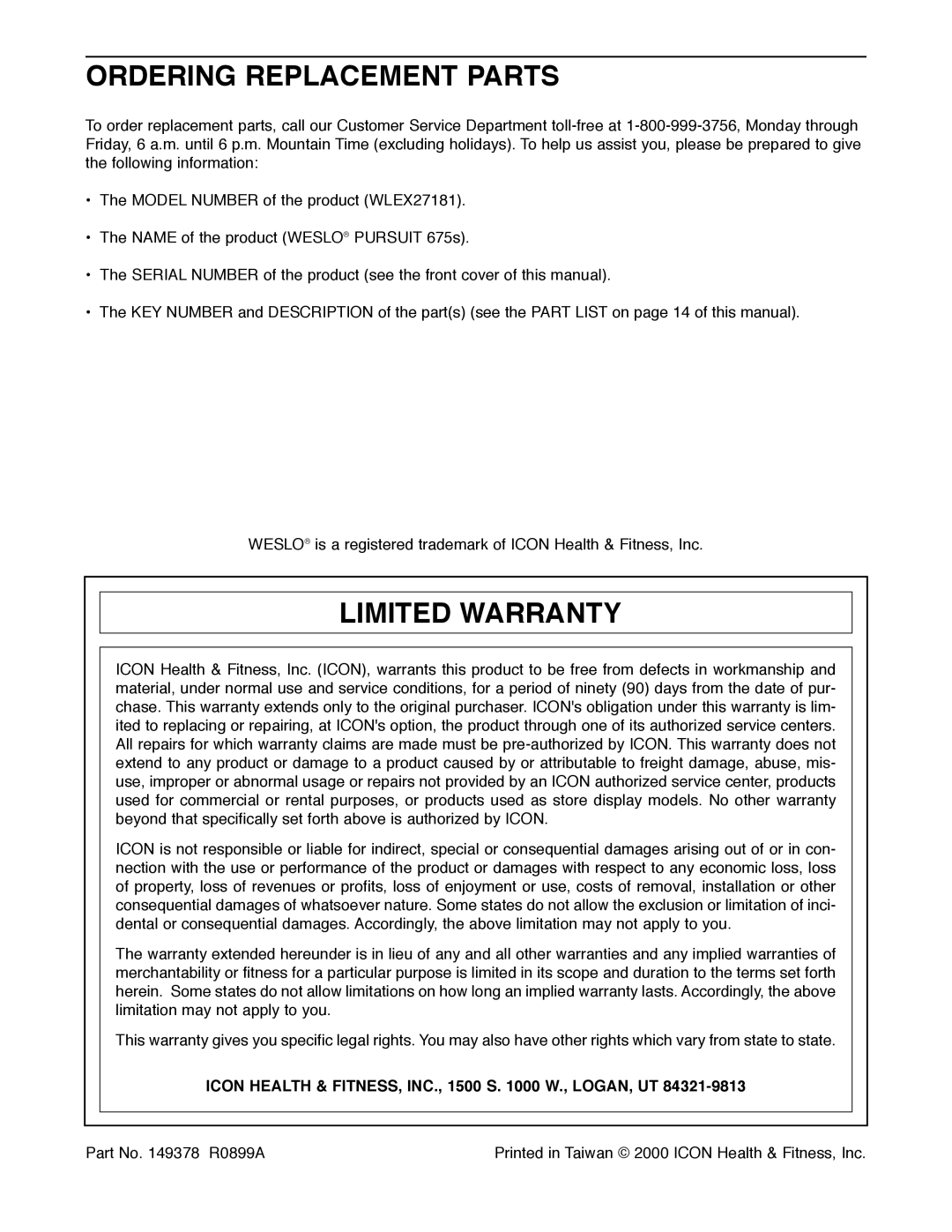 Weslo WLEX27181 user manual Ordering Replacement Parts, Limited Warranty 