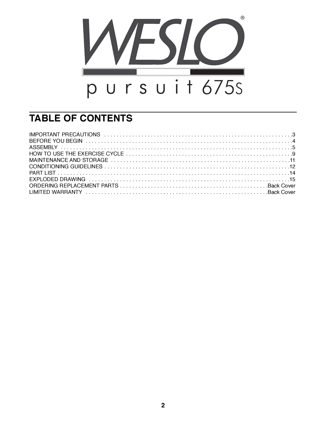 Weslo WLEX27181 user manual Table of Contents 