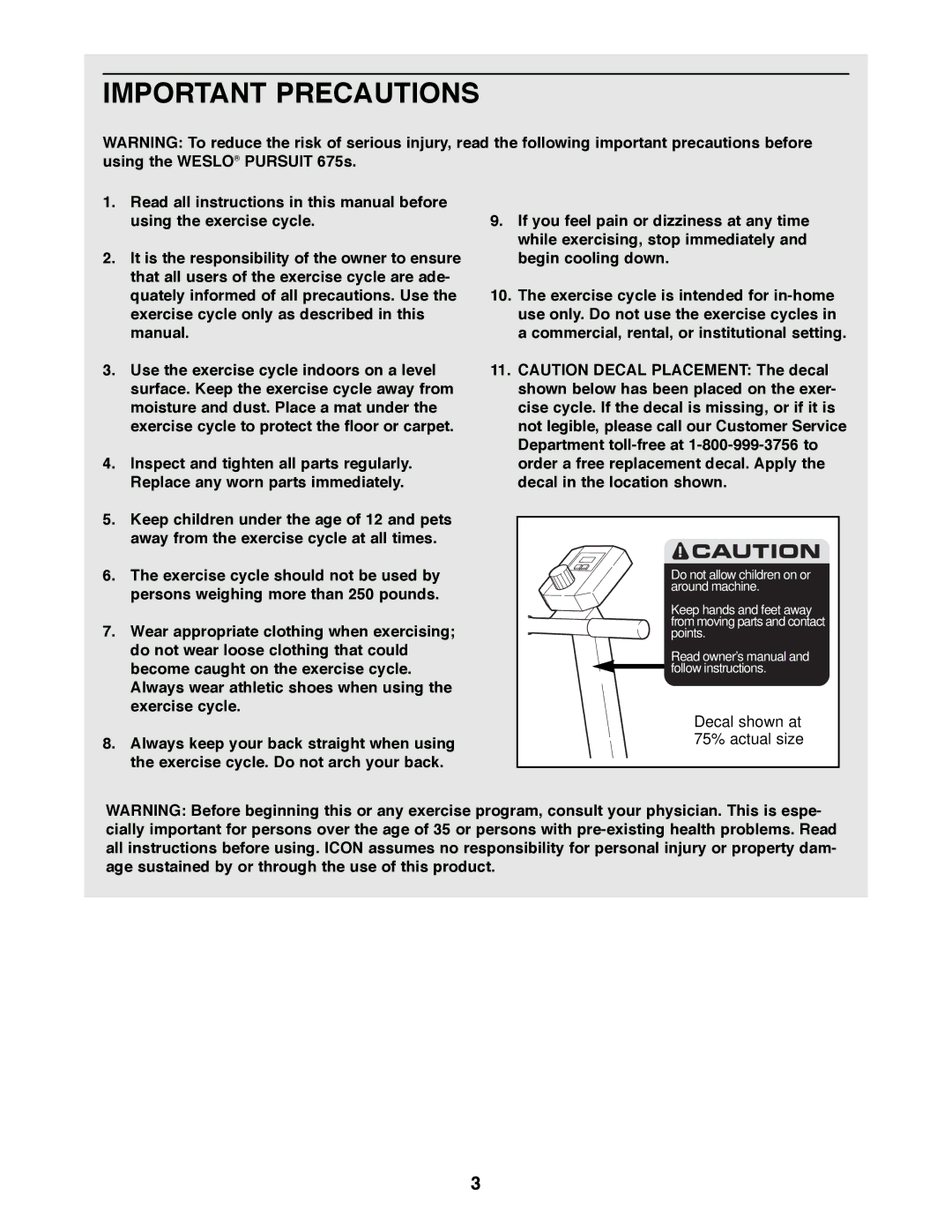 Weslo WLEX27181 user manual Important Precautions 