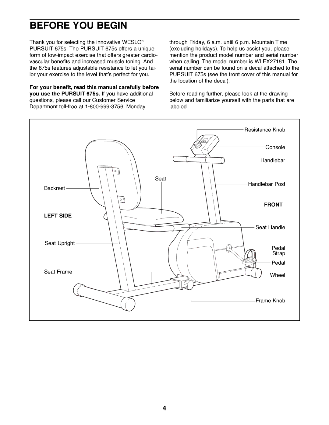 Weslo WLEX27181 user manual Before YOU Begin, Front, Left Side 