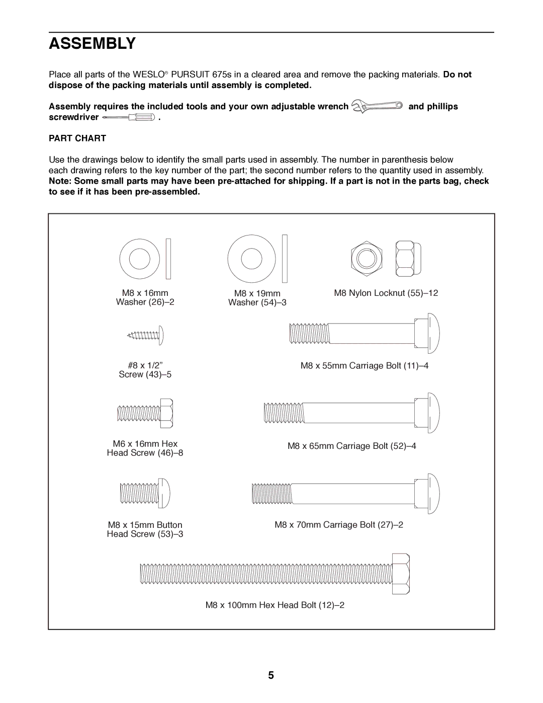 Weslo WLEX27181 user manual Assembly, Part Chart 