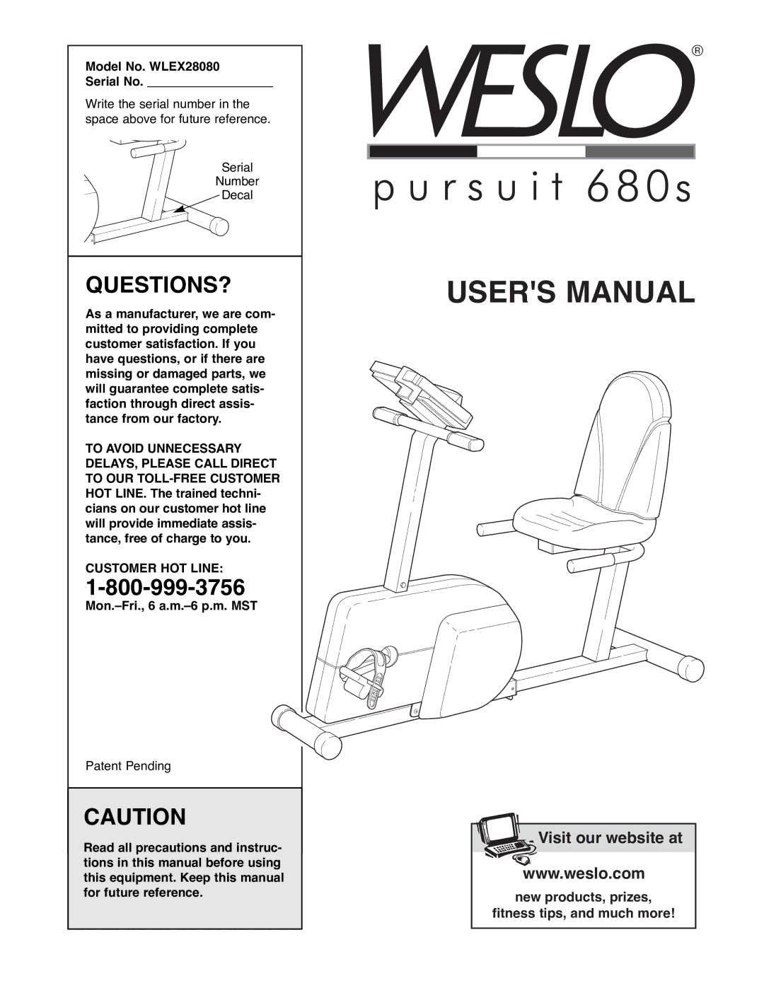 Weslo WLEX28080 user manual Questions?, Customer HOT Line 