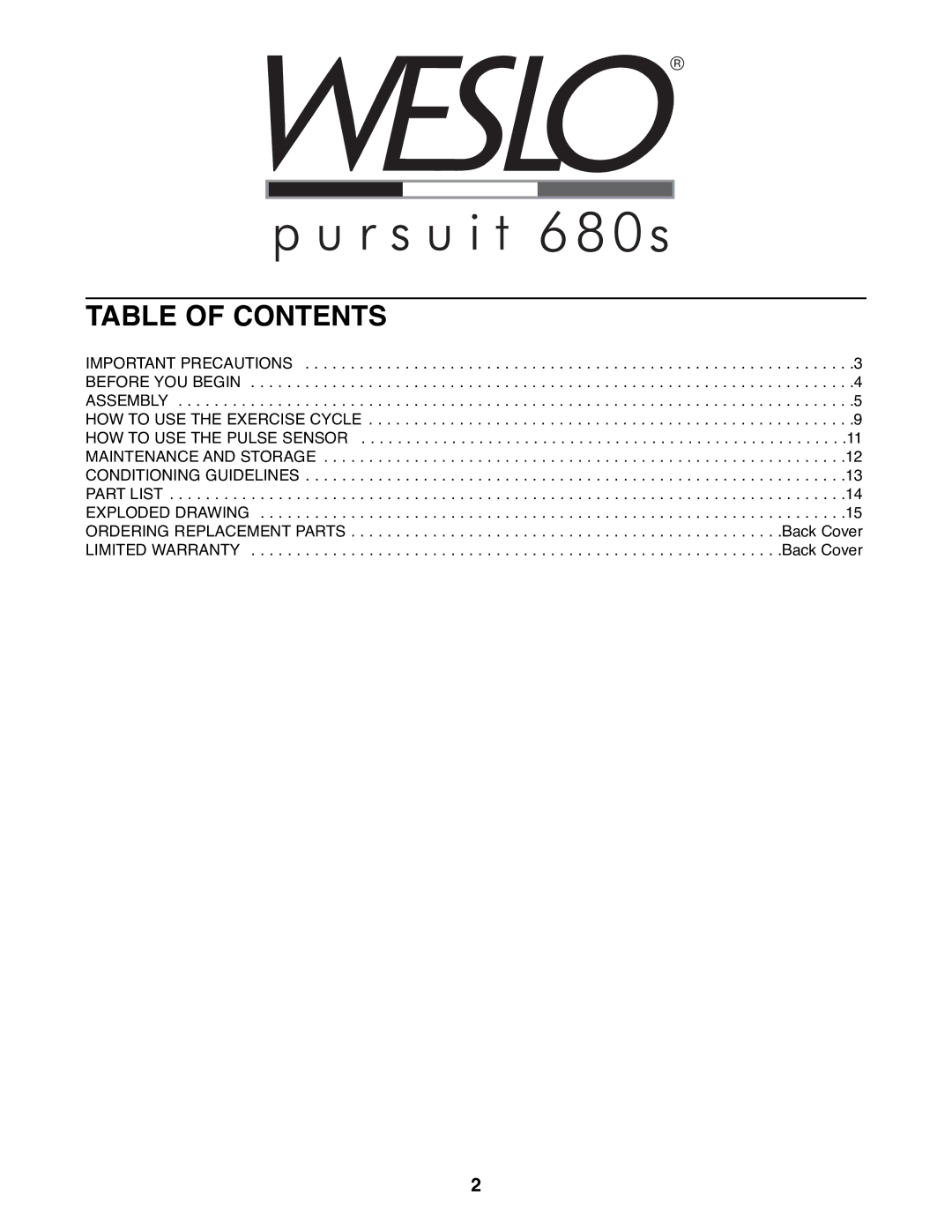 Weslo WLEX28080 user manual Table of Contents 