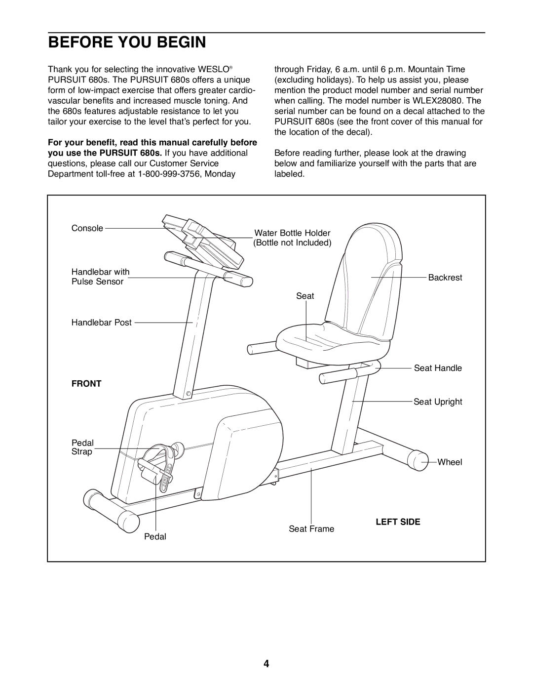 Weslo WLEX28080 user manual Before YOU Begin, Front, Left Side 