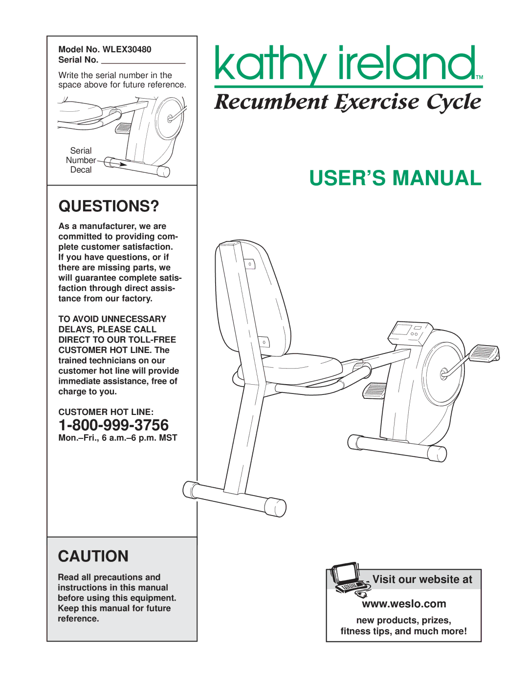 Weslo user manual Questions?, Model No. WLEX30480 Serial No, Customer HOT Line 