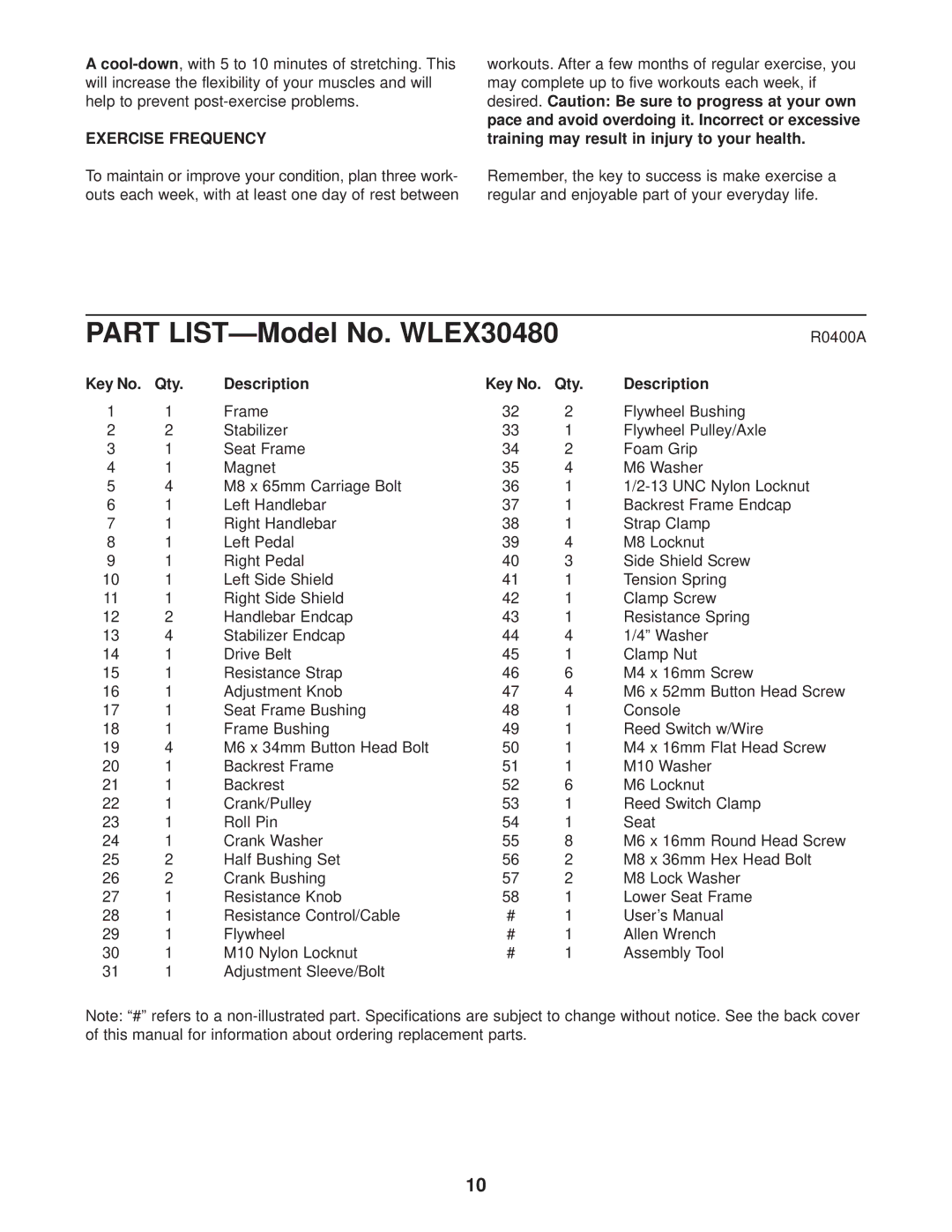 Weslo WLEX30480 user manual Exercise Frequency, Qty Description 