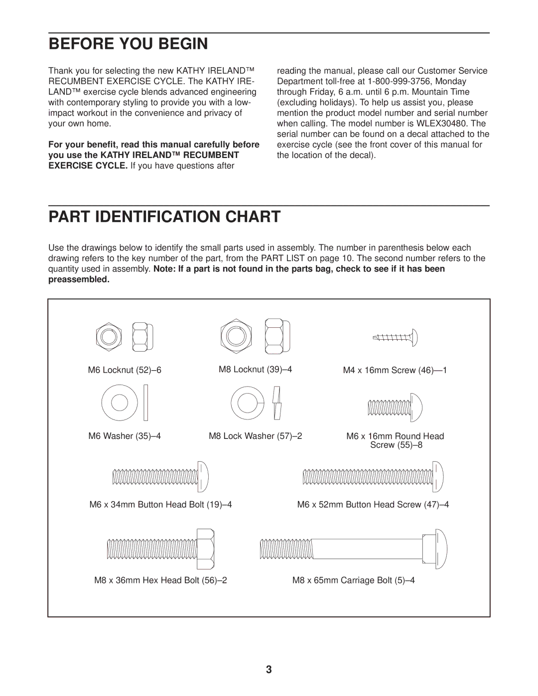 Weslo WLEX30480 user manual Before YOU Begin, Part Identification Chart 