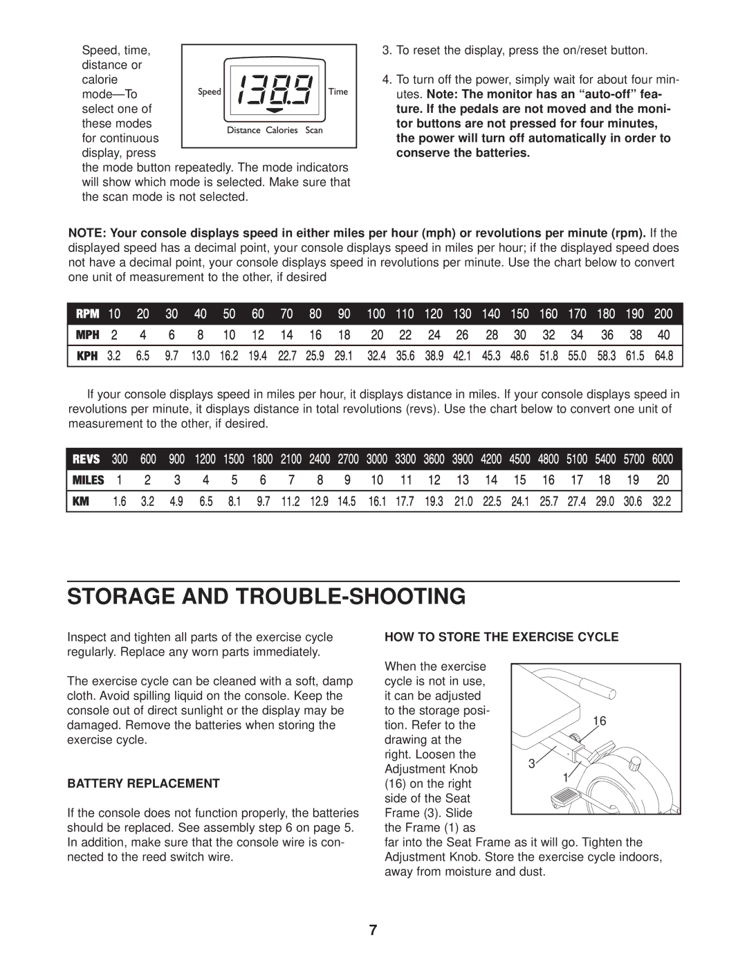 Weslo WLEX30480 user manual Storage and TROUBLE-SHOOTING, Battery Replacement, HOW to Store the Exercise Cycle 