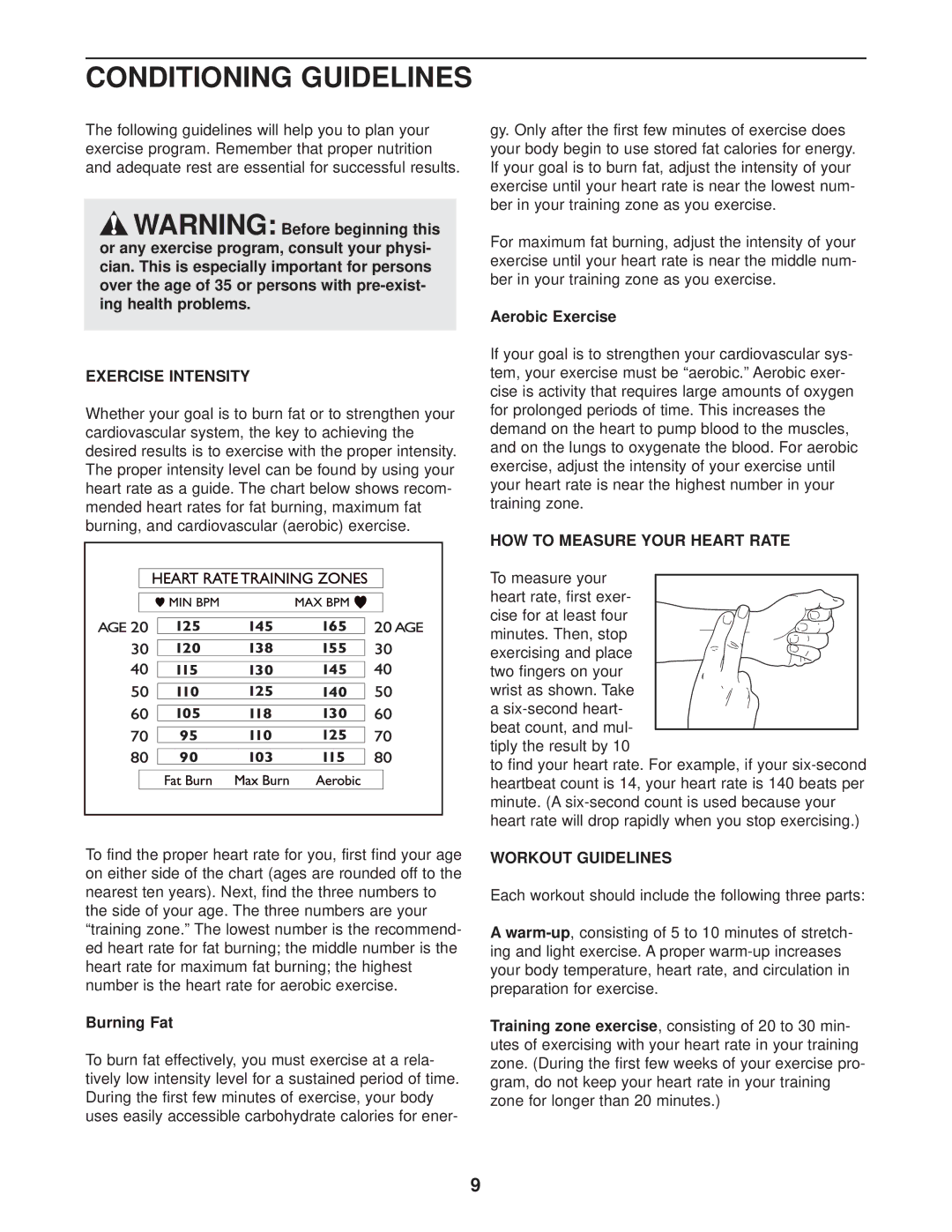 Weslo WLEX30480 user manual Conditioning Guidelines, Exercise Intensity, HOW to Measure Your Heart Rate, Workout Guidelines 