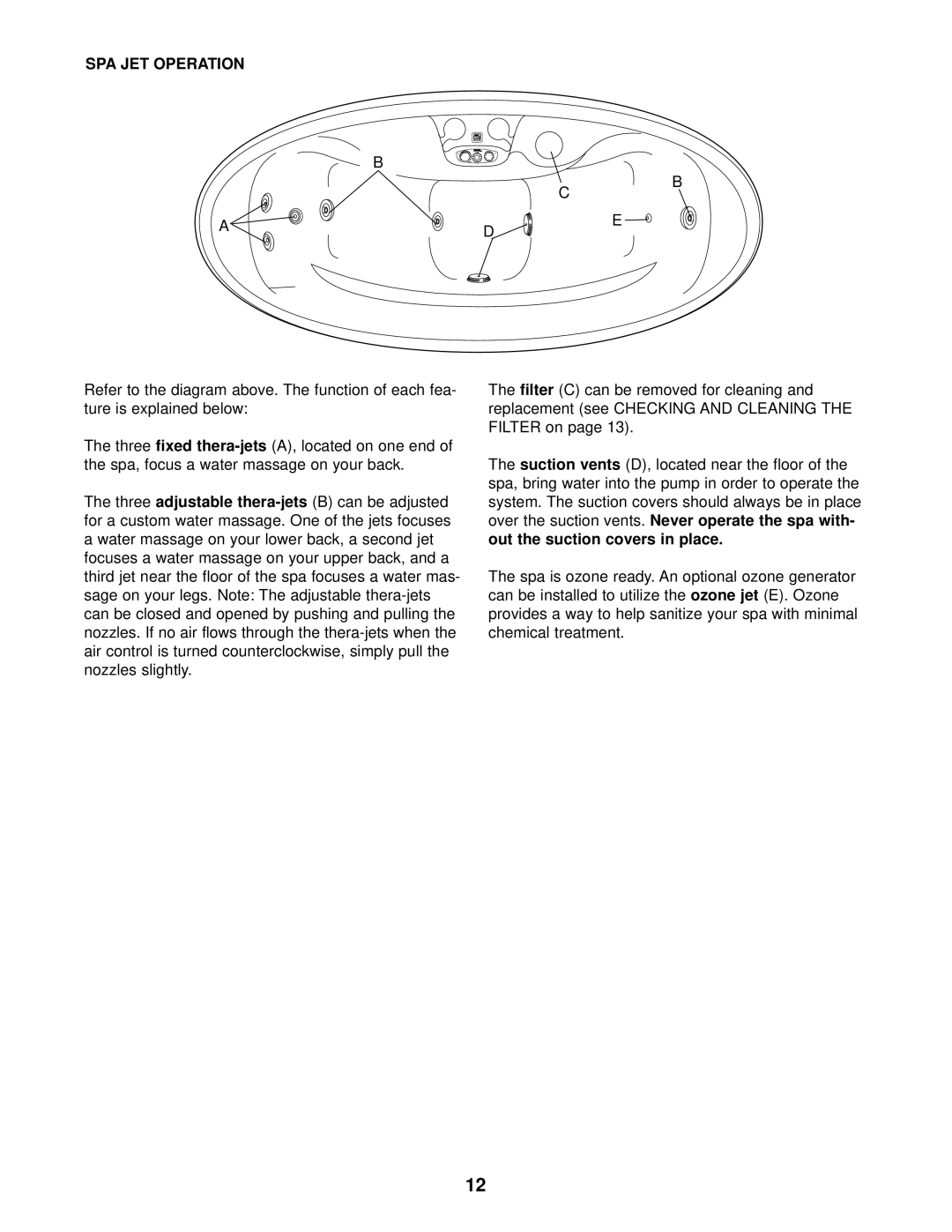 Weslo WLHS20702 user manual SPA JET Operation 