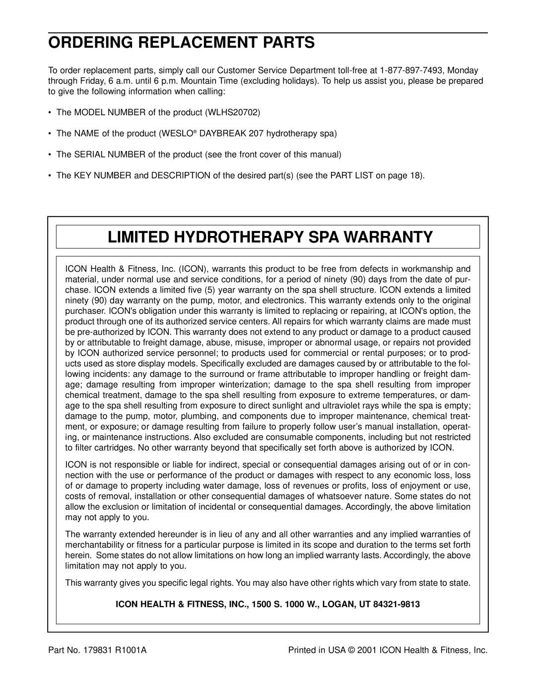 Weslo WLHS20702 user manual Ordering Replacement Parts, Limited Hydrotherapy SPA Warranty 