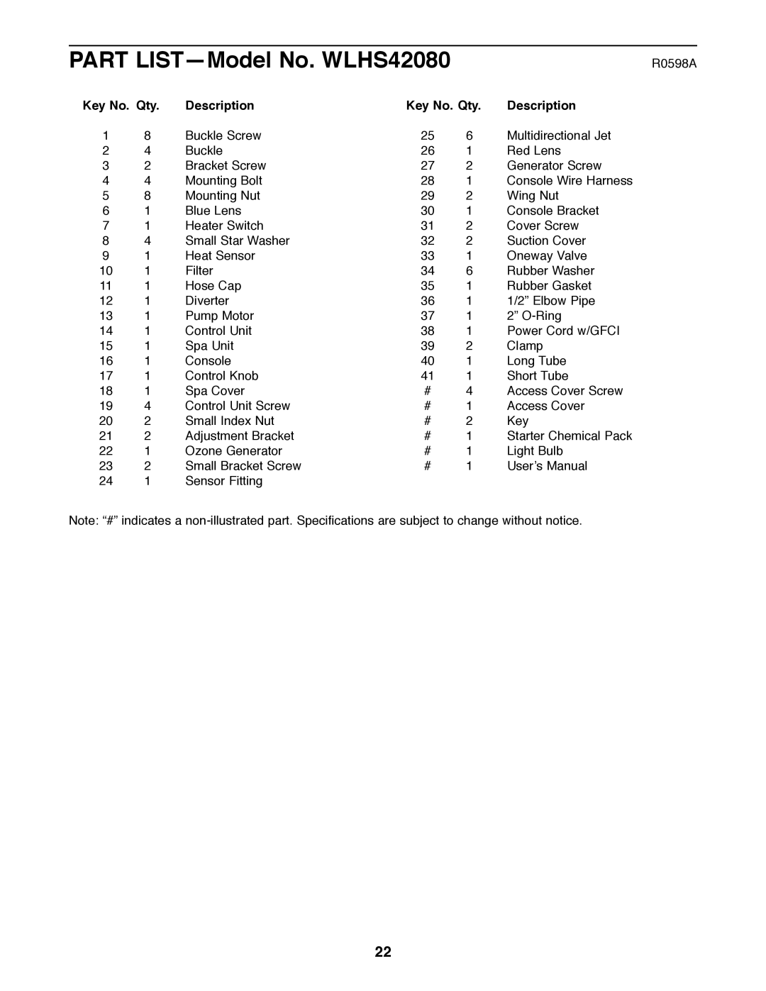 Weslo manual Part LISTÑModel No. WLHS42080, Key No. Qty Description 