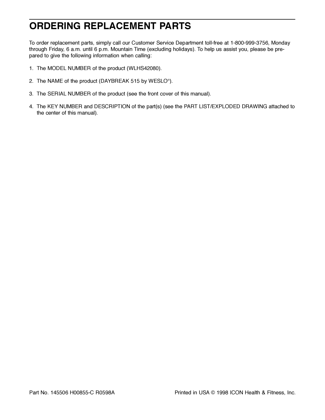 Weslo WLHS42080 manual Ordering Replacement Parts 