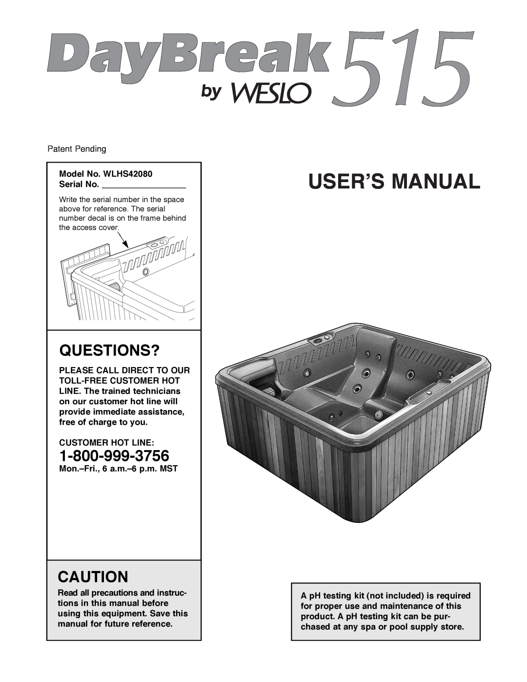 Weslo manual Questions?, Model No. WLHS42080 Serial No, Customer Hot Line, Mon.ÐFri., 6 a.m.Ð6 p.m. MST, Userõs Manual 
