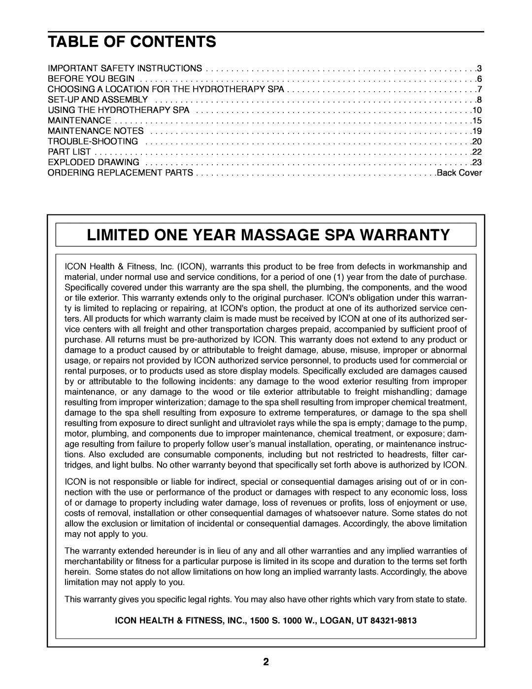 Weslo WLHS42080 manual Table Of Contents, Limited One Year Massage Spa Warranty 