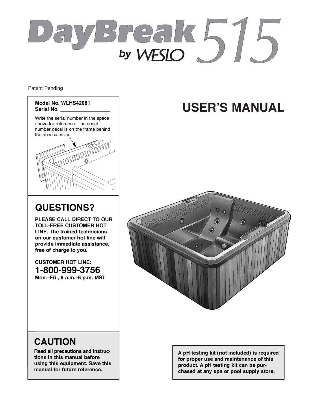 Weslo manual Questions?, Model No. WLHS42081 Serial No, Customer HOT Line, Mon.ÐFri., 6 a.m.Ð6 p.m. MST 