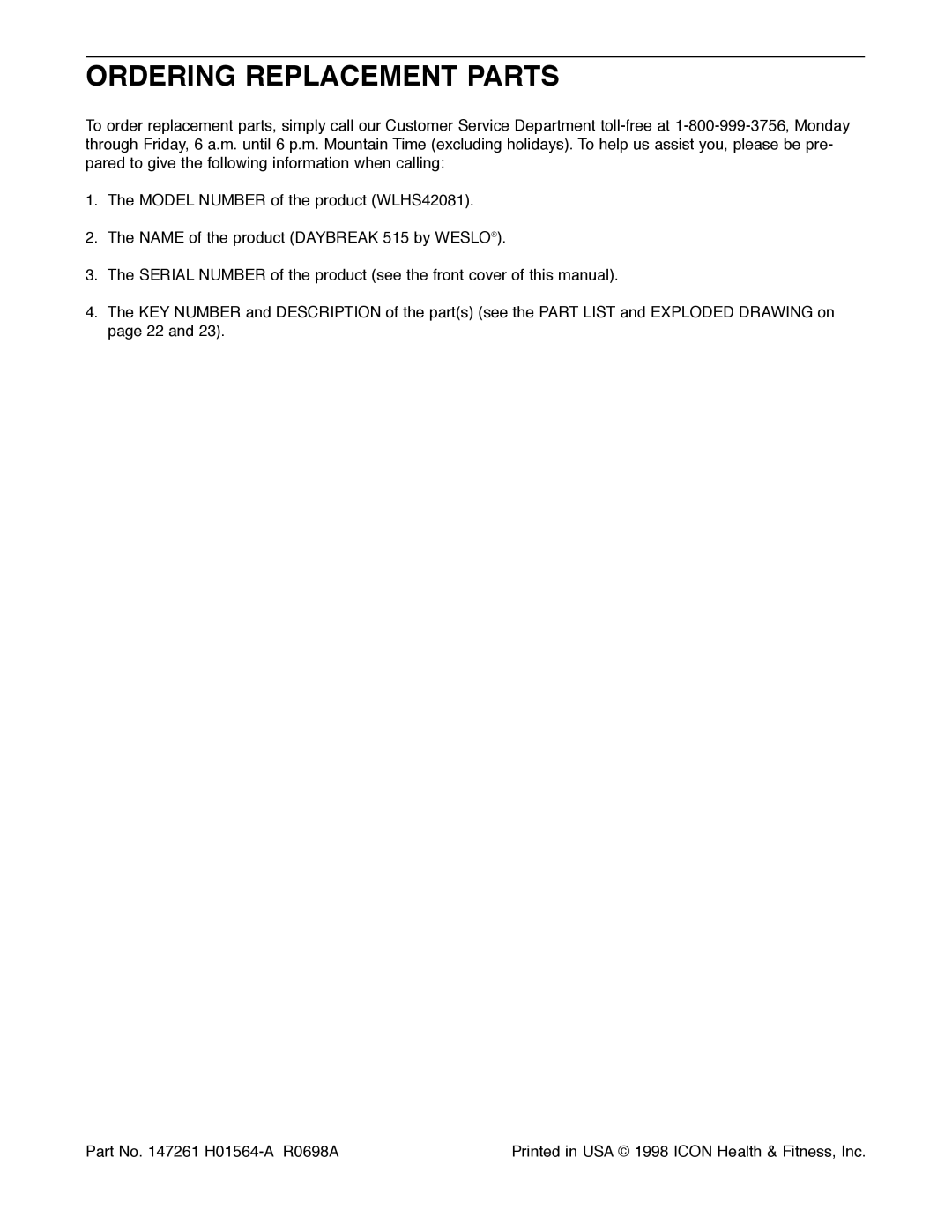 Weslo WLHS42081 manual Ordering Replacement Parts 