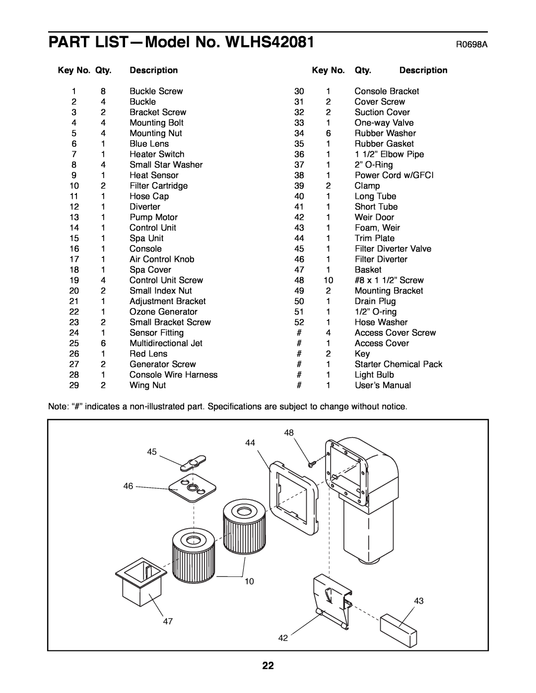 Weslo manual PART LISTÑModel No. WLHS42081, Key No. Qty, Description 