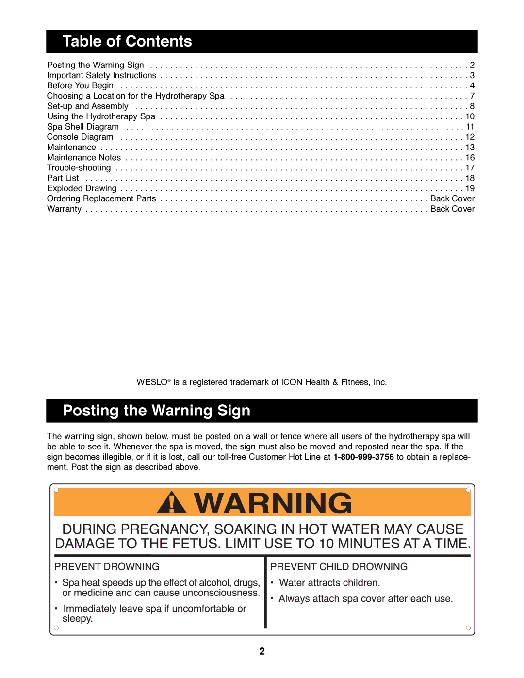 Weslo WLHS43081 manual Table of Contents, Posting the Warning Sign 