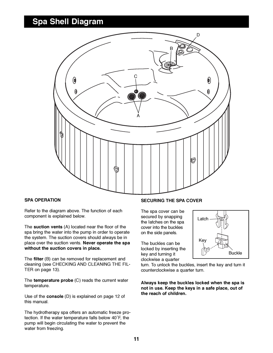 Weslo WLHS43081 manual Spa Shell Diagram, Spa Operation, Securing The Spa Cover, without the suction covers in place 