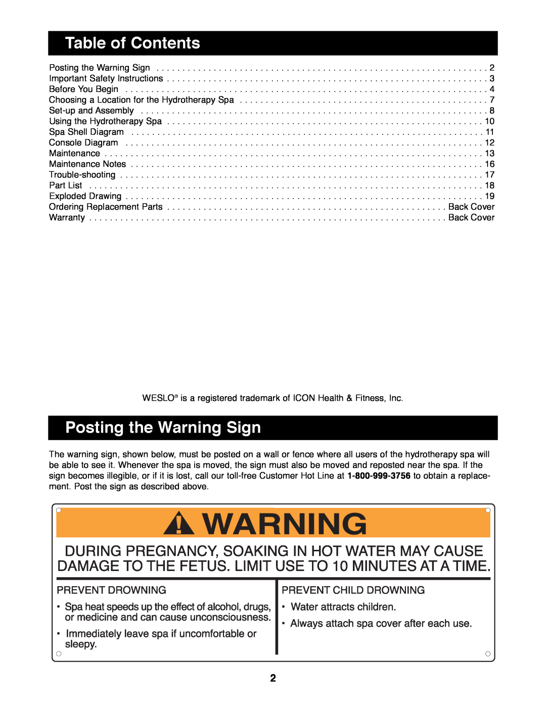 Weslo WLHS43081 Table of Contents, Posting the Warning Sign, Important Safety Instructions, Before You Begin, Maintenance 