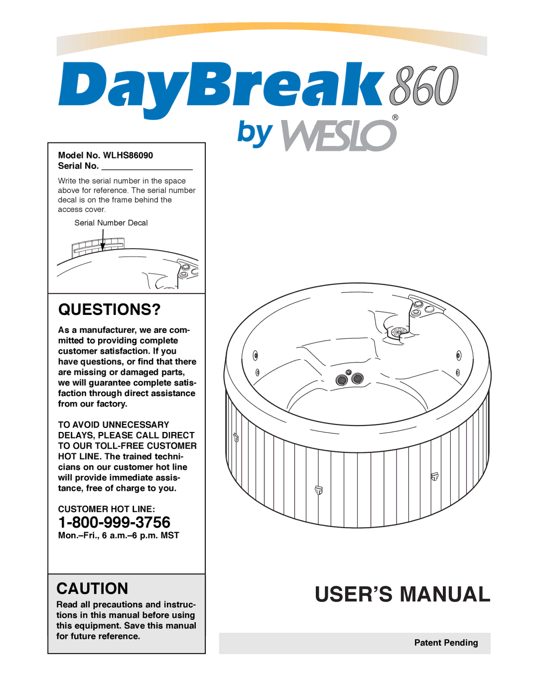 Weslo manual Model No. WLHS86090 Serial No, Customer HOT Line, Patent Pending 