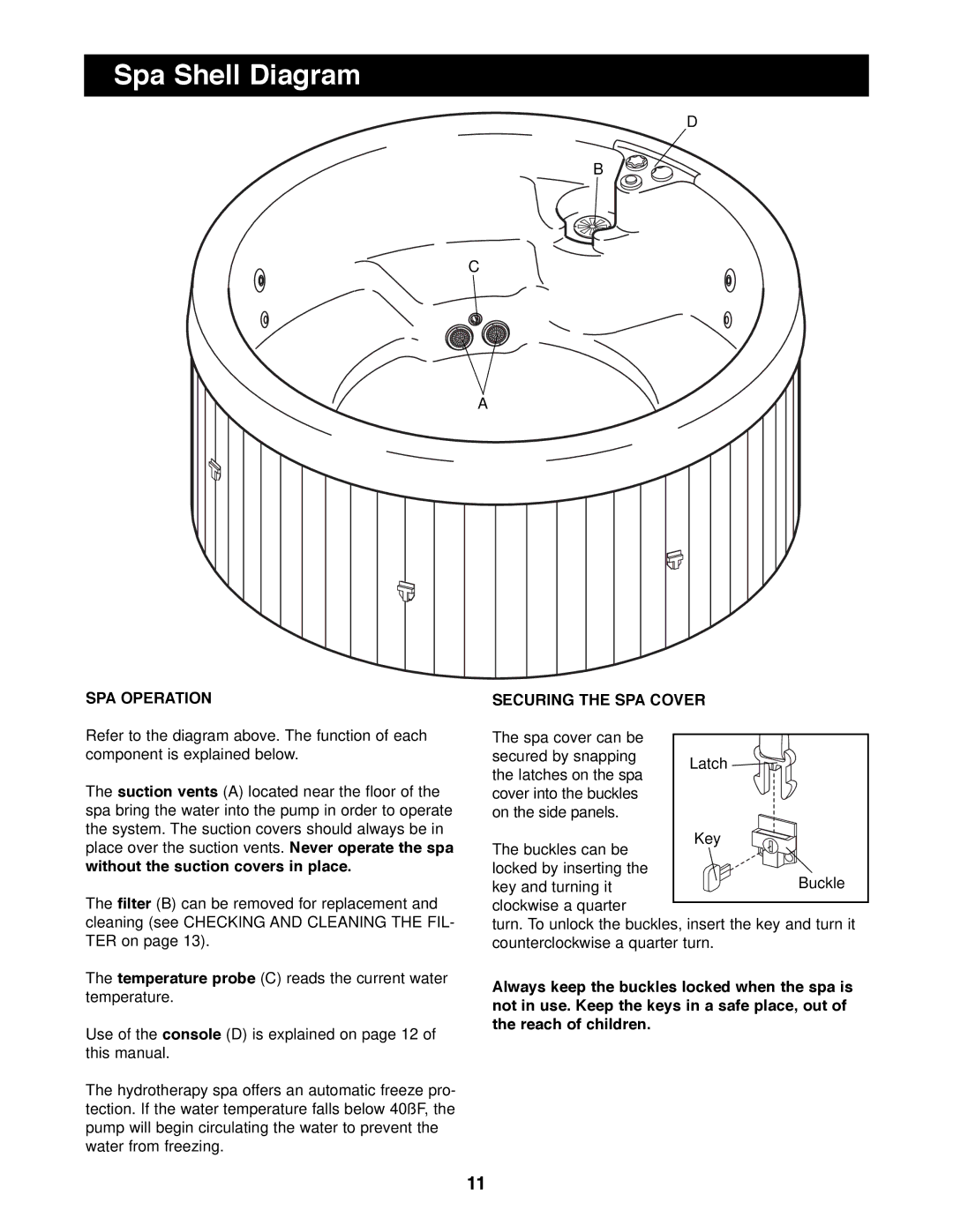 Weslo WLHS86090 manual Spa Shell Diagram, SPA Operation, Securing the SPA Cover, Without the suction covers in place 