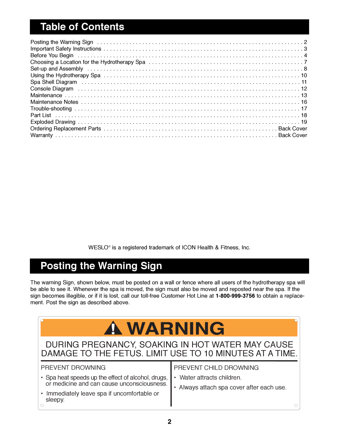 Weslo WLHS86090 manual Table of Contents, Posting the Warning Sign 