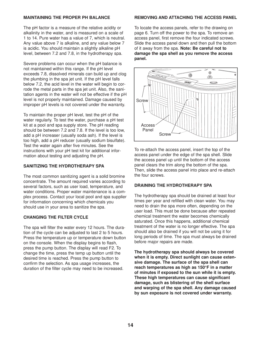 Weslo WLSB62810, WLSG62810 Maintaining the Proper PH Balance, Sanitizing the Hydrotherapy SPA, Changing the Filter Cycle 