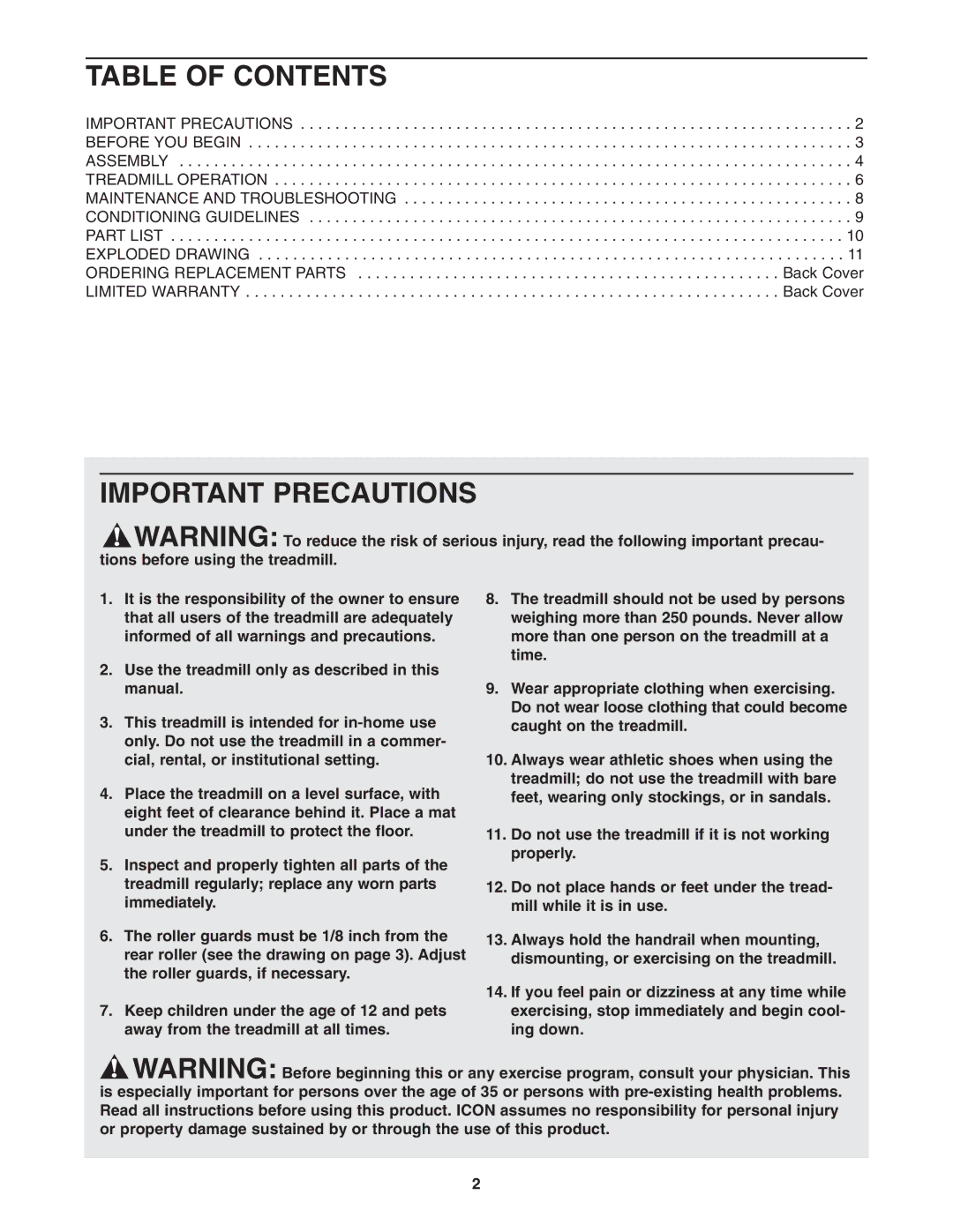 Weslo WLTL 13921 user manual Table of Contents, Important Precautions 