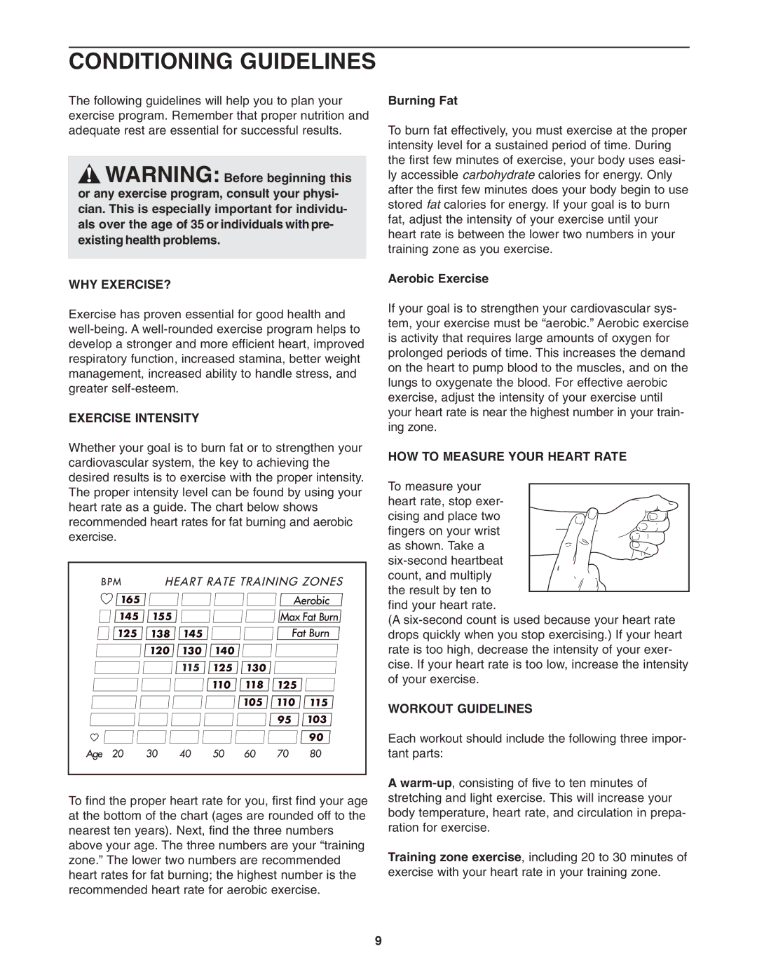 Weslo WLTL 13921 user manual Conditioning Guidelines, Why Exercise?, Exercise Intensity, HOW to Measure Your Heart Rate 