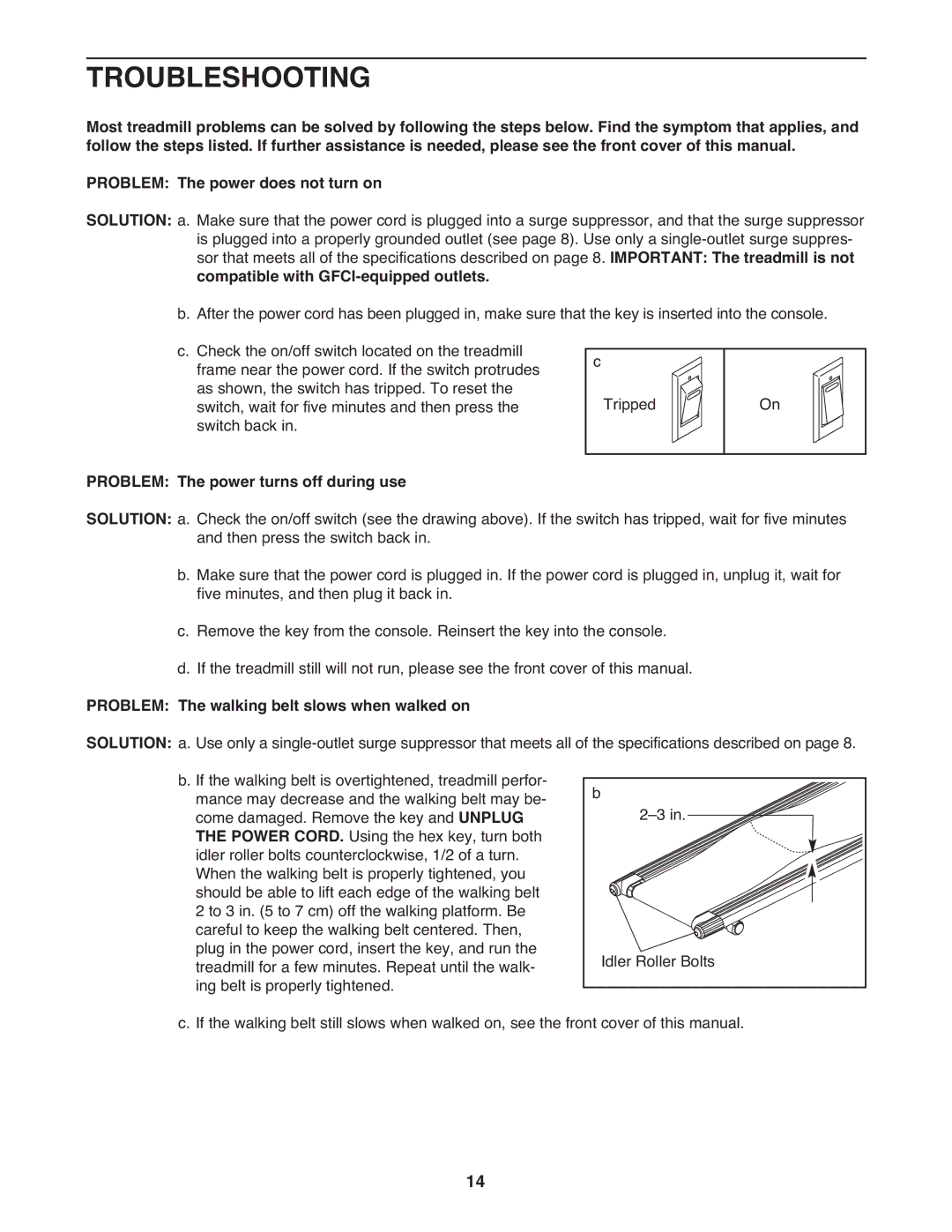 Weslo WLTL 14709.0 Troubleshooting, Compatible with GFCI-equipped outlets, Problem The power turns off during use 