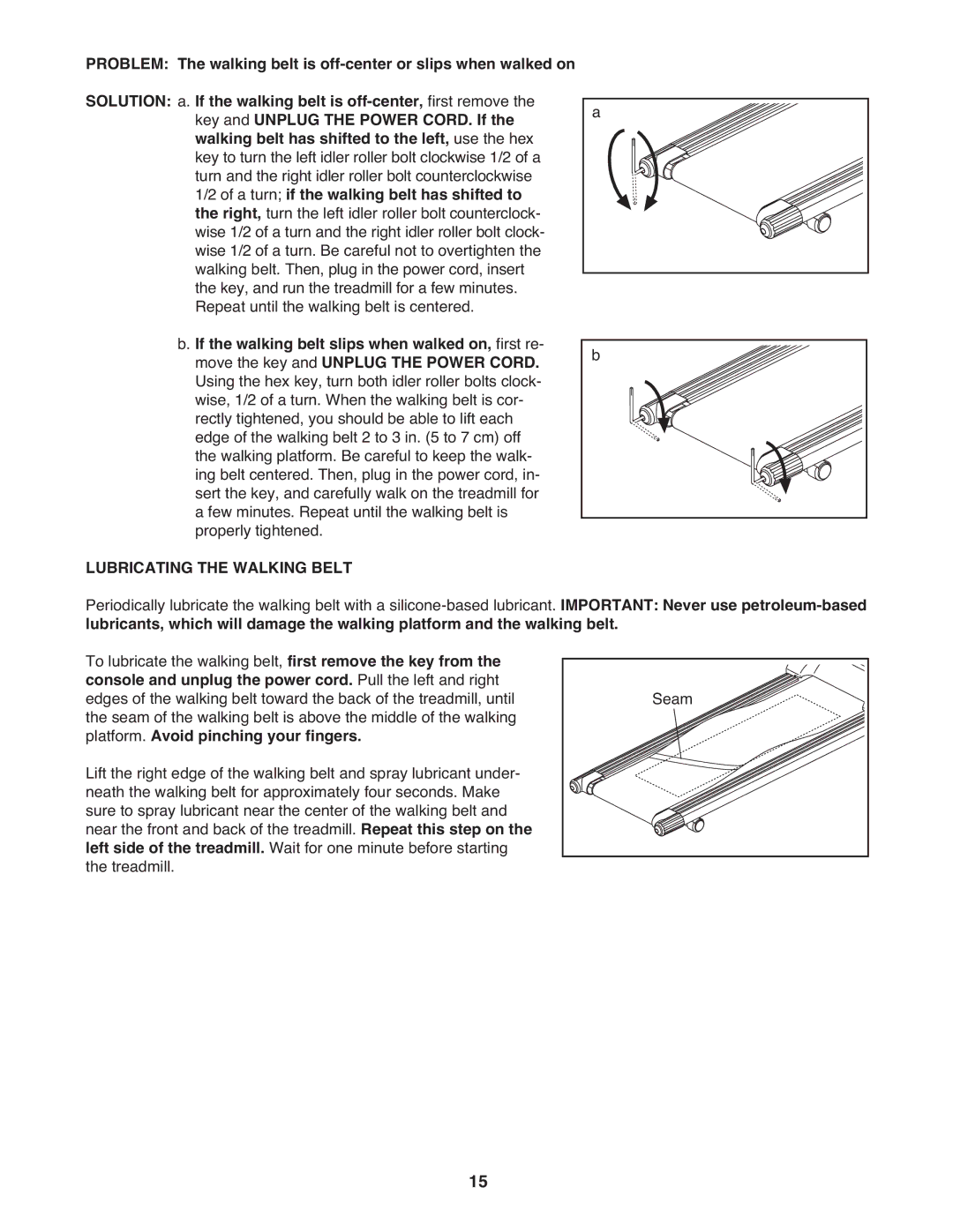 Weslo WLTL 14709.0 user manual Problem Solution, Lubricating the Walking Belt, Platform. Avoid pinching your fingers 