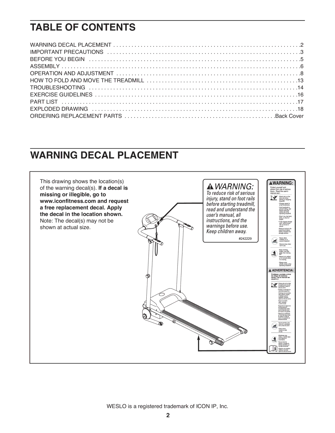 Weslo WLTL 14709.0 user manual Table of Contents 