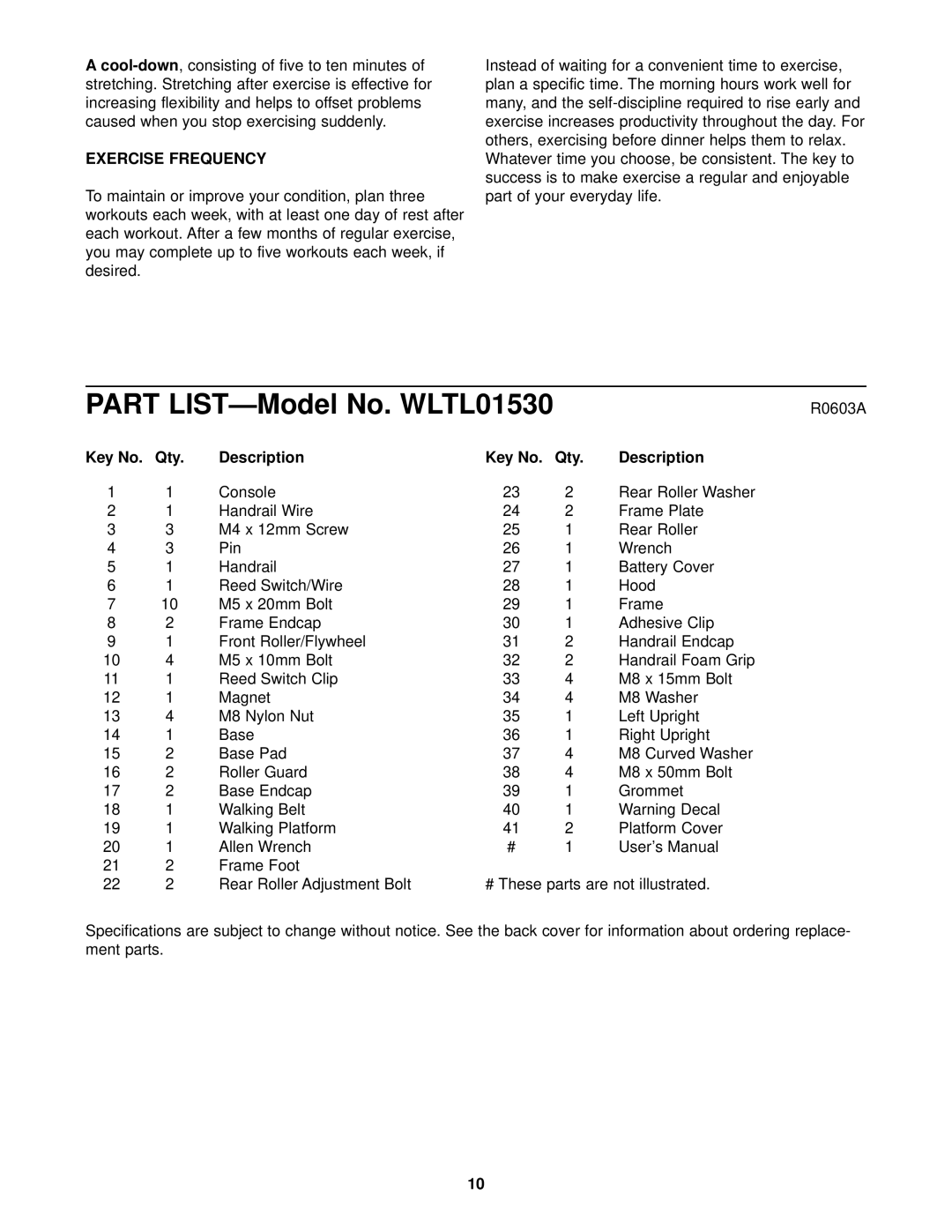 Weslo WLTL01530 user manual Exercise Frequency, Description Qty 