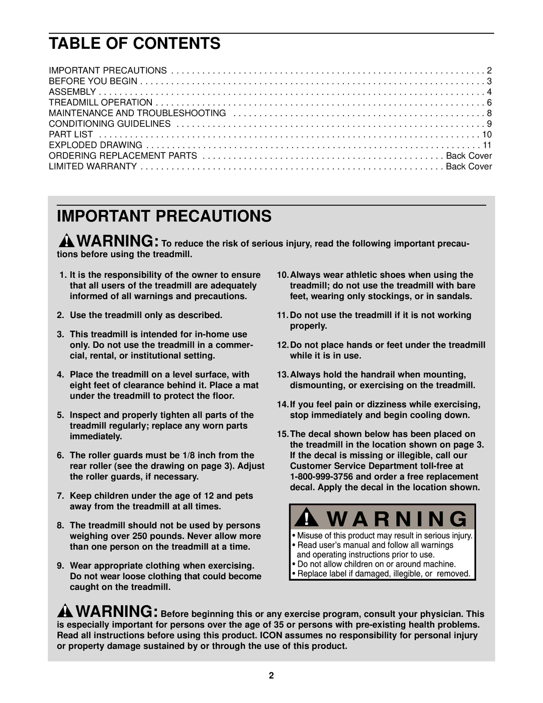 Weslo WLTL01530 user manual Table of Contents, Important Precautions 