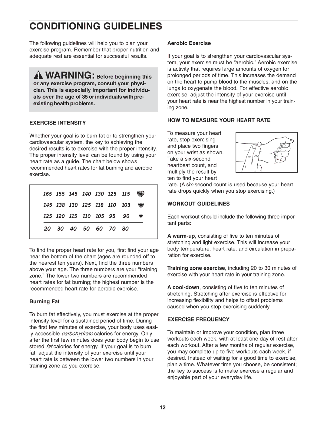 Weslo WLTL01806.0 Conditioning Guidelines, Exercise Intensity, HOW to Measure Your Heart Rate, Workout Guidelines 