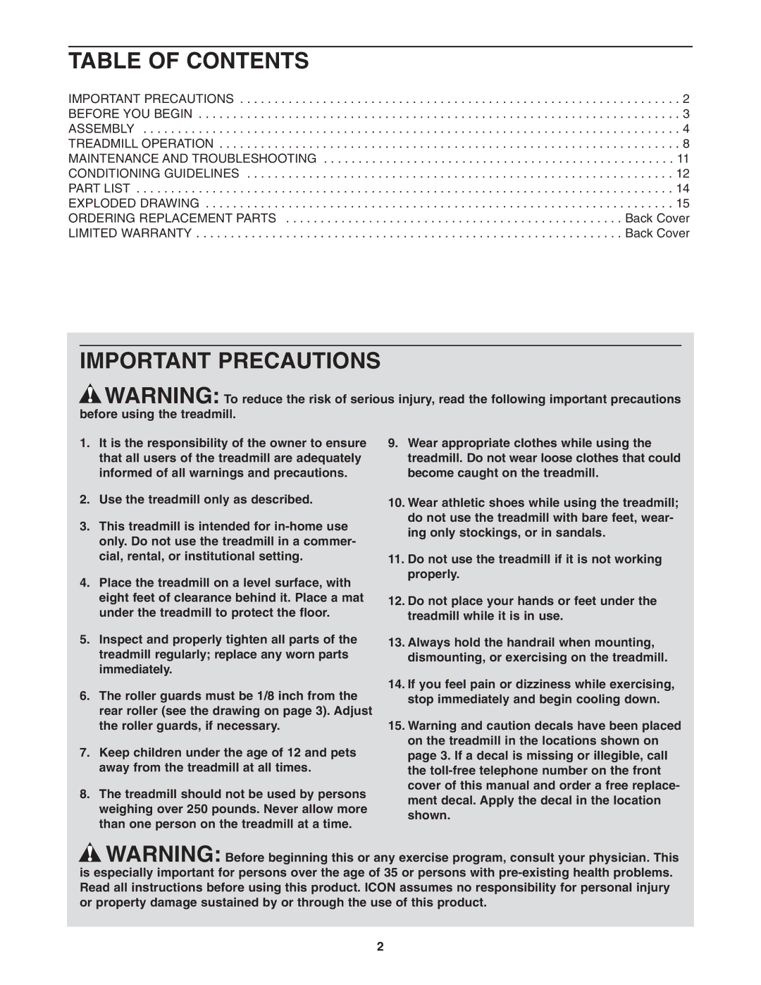 Weslo WLTL01906.0 user manual Table of Contents, Important Precautions 