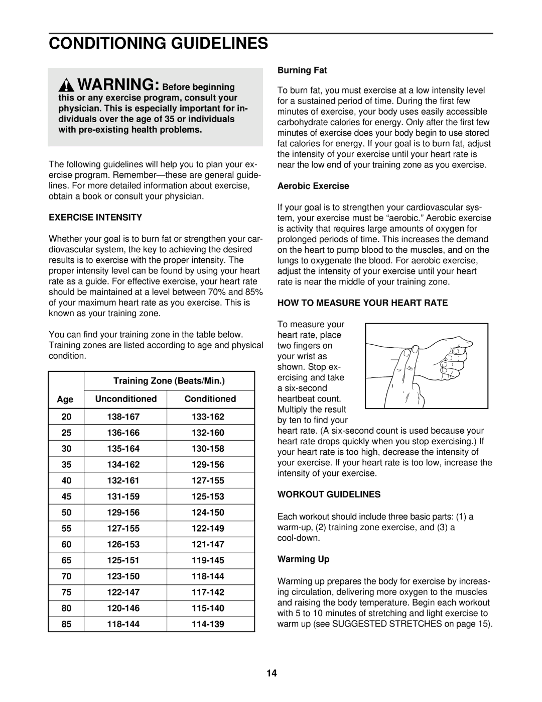 Weslo WLTL10091 user manual Conditioning Guidelines, Exercise Intensity, HOW to Measure Your Heart Rate, Workout Guidelines 