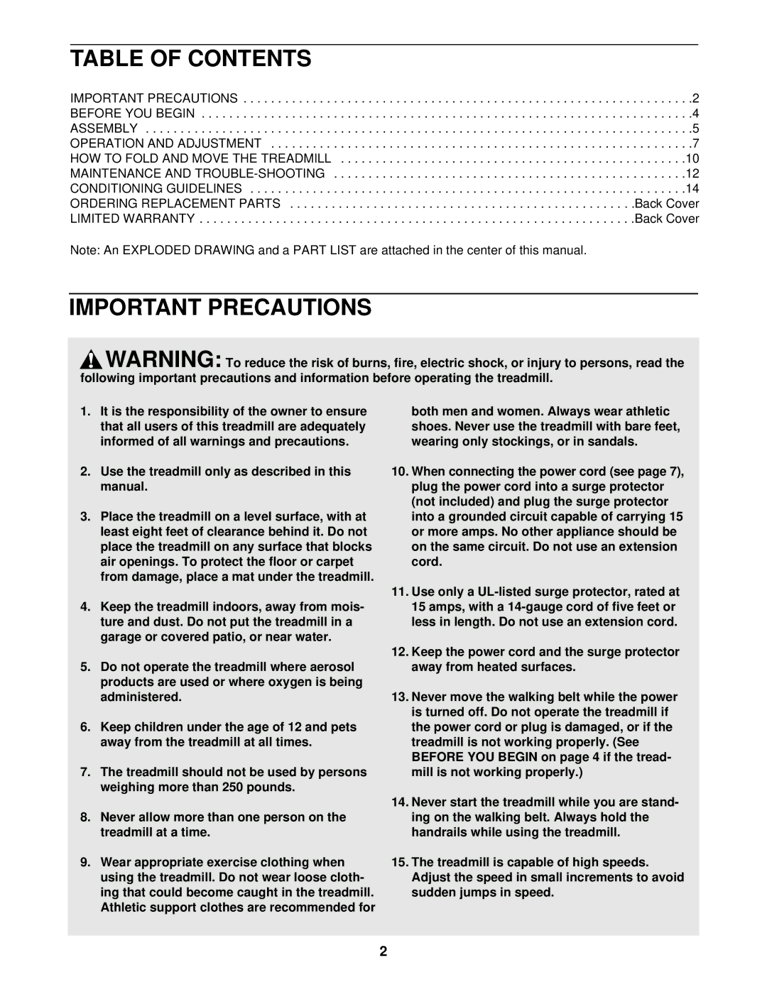 Weslo WLTL10091 user manual Table of Contents, Important Precautions 