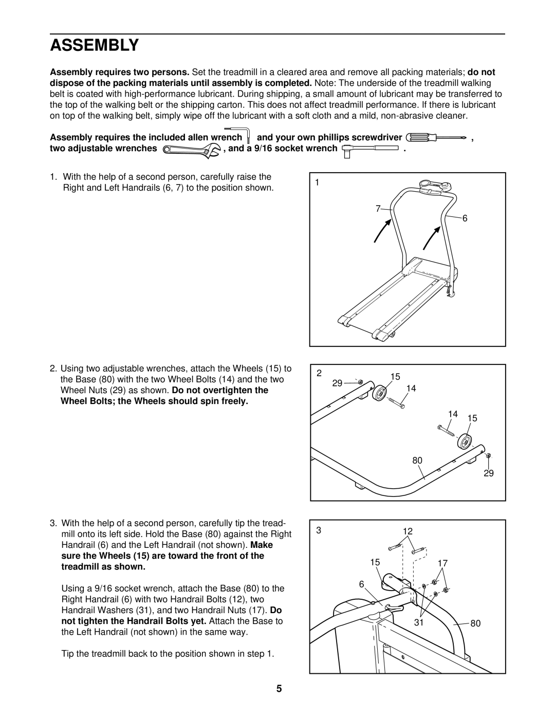 Weslo WLTL10091 user manual Assembly, Wheel Bolts the Wheels should spin freely 