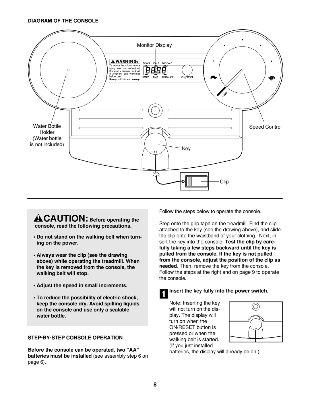 Weslo WLTL10091 Diagram of the Console, STEP-BY-STEP Console Operation, Insert the key fully into the power switch 