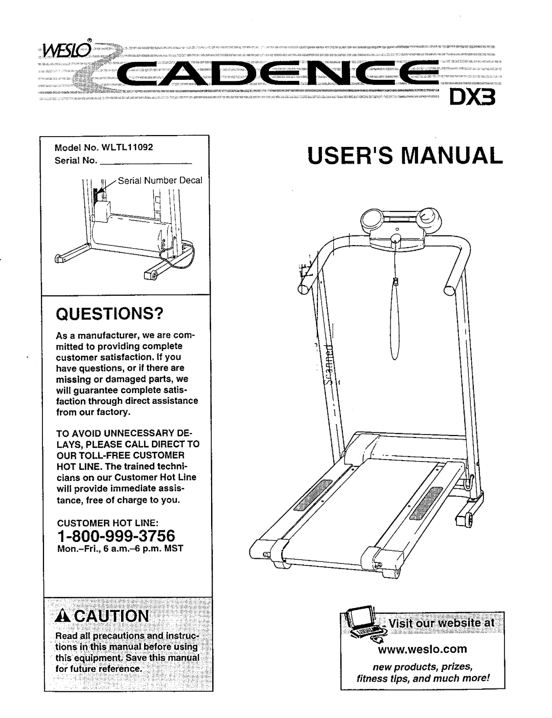 Weslo user manual Questions?, Model No. WLTL11092 Serial No, Customer HOT Line, Mon.-Fri., 6 a.m.-6 p.m. MST 