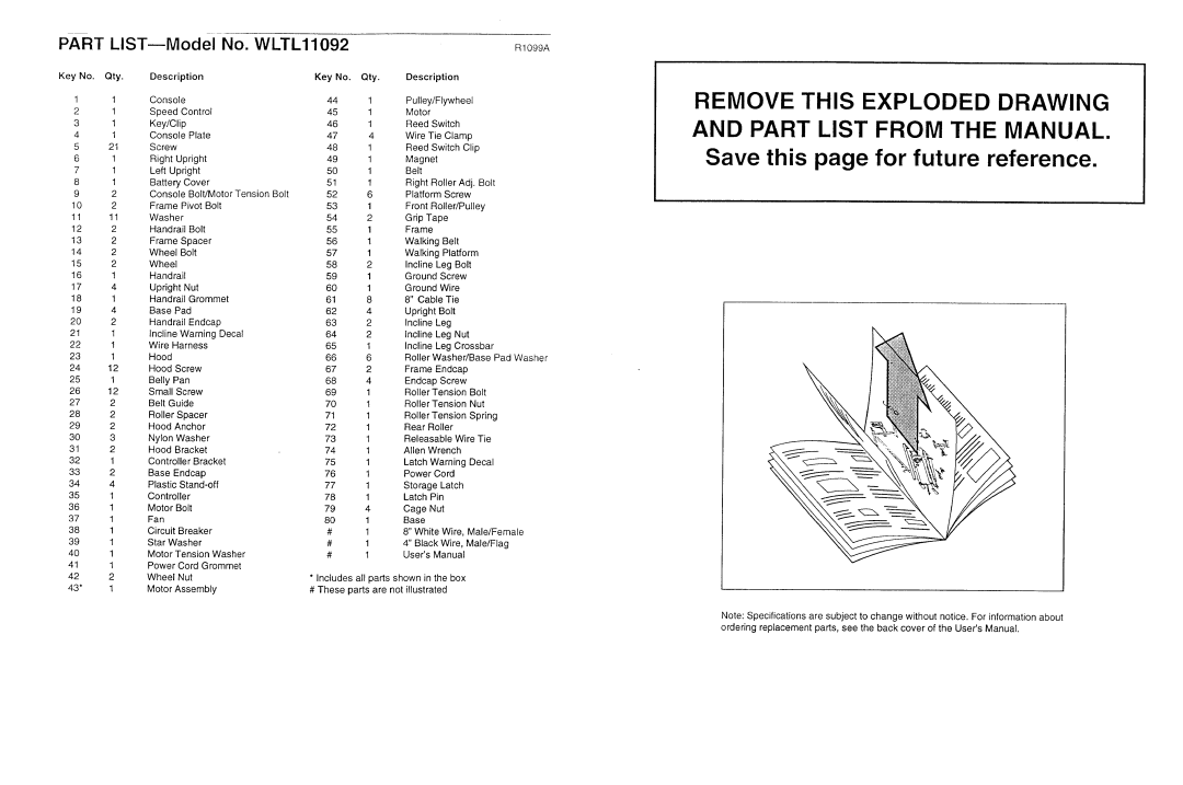 Weslo WLTL11092 user manual Remove this Exploded Drawing and Part List from the Manual 