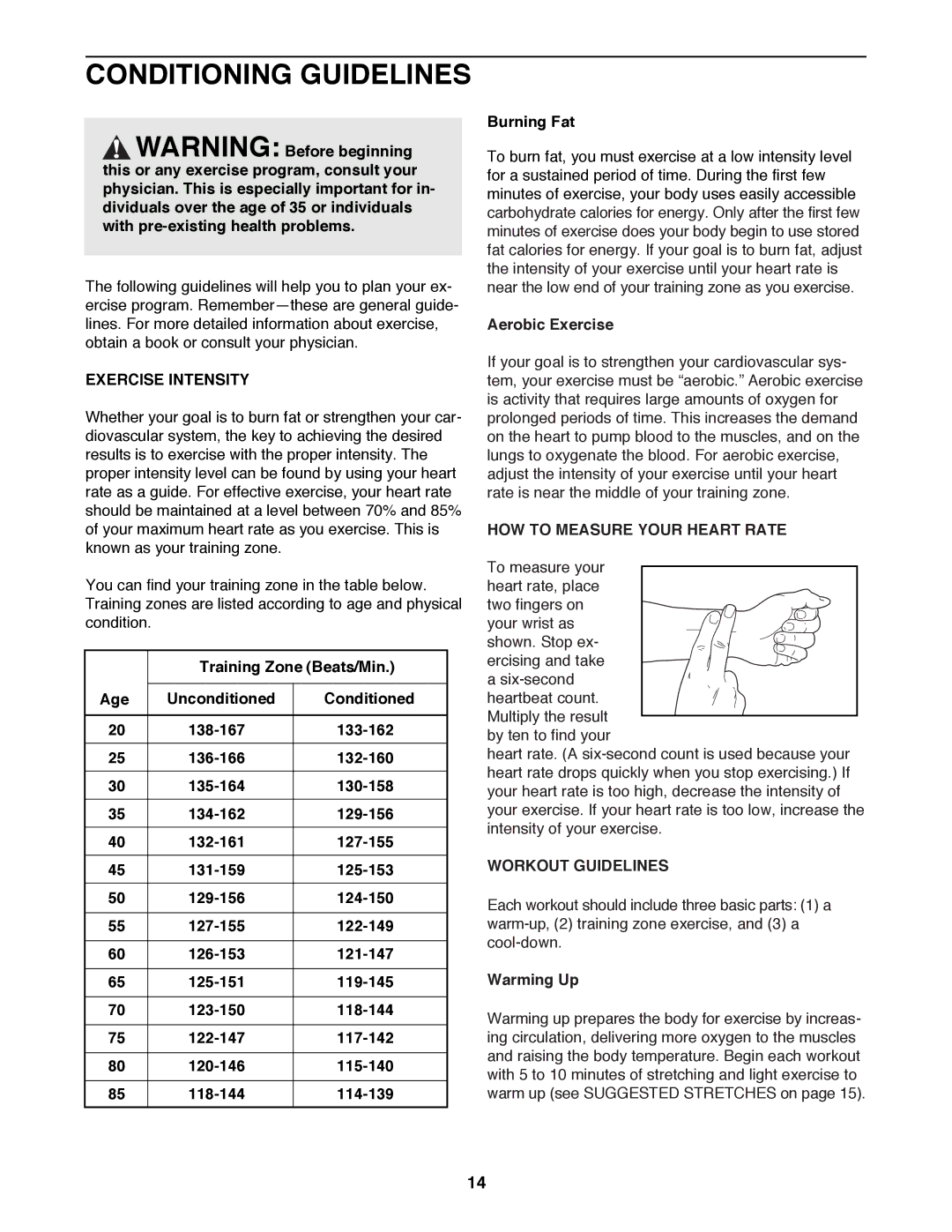 Weslo WLTL11093 user manual Conditioning Guidelines, Exercise Intensity, HOW to Measure Your Heart Rate, Workout Guidelines 