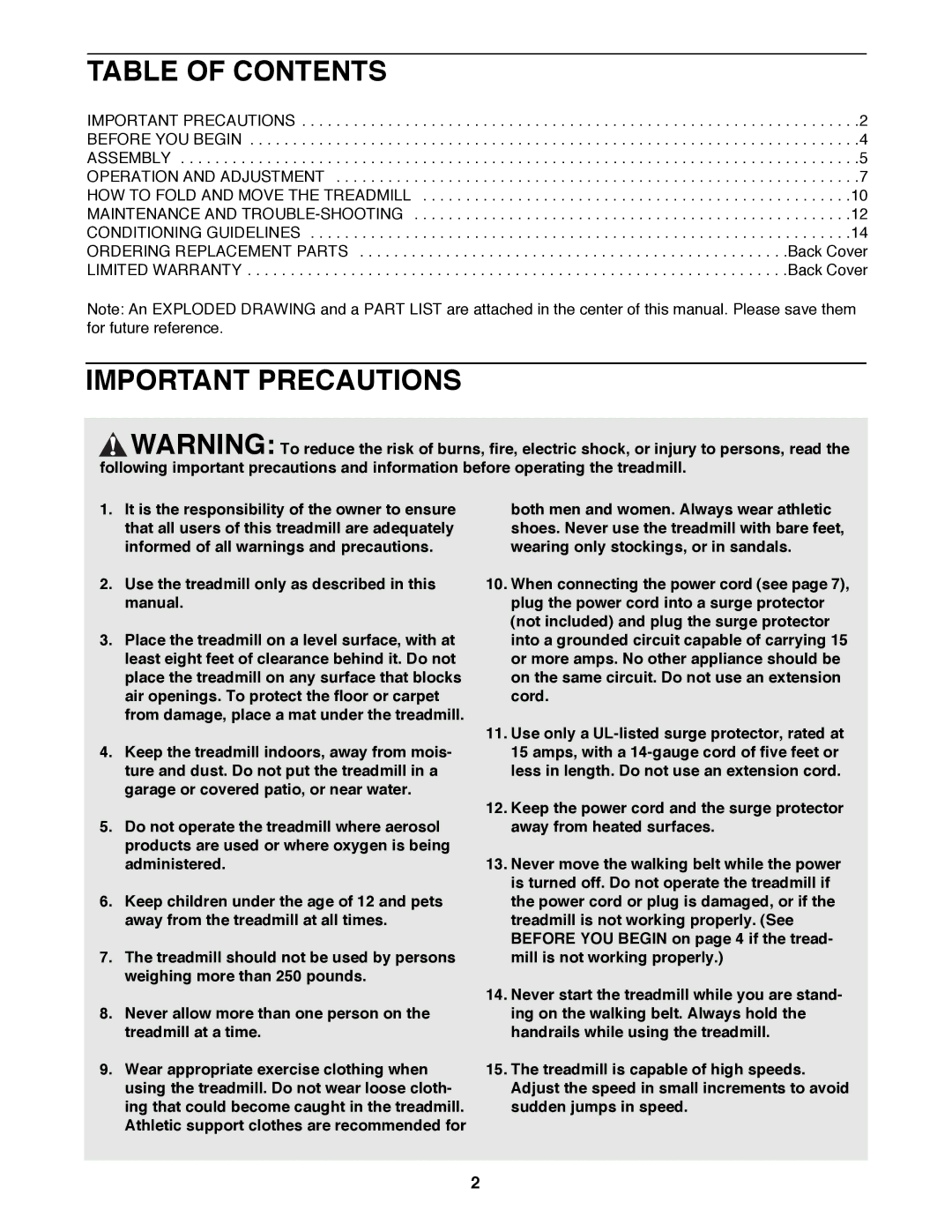 Weslo WLTL11093 user manual Table of Contents, Important Precautions 