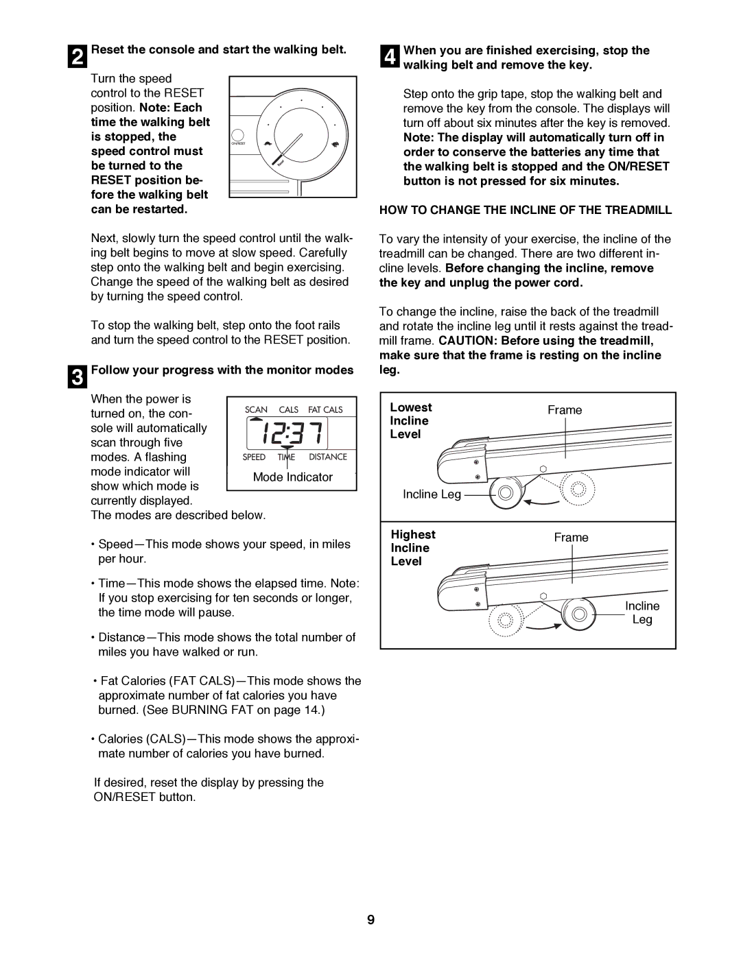 Weslo WLTL11093 user manual Reset the console and start the walking belt, Follow your progress with the monitor modes 