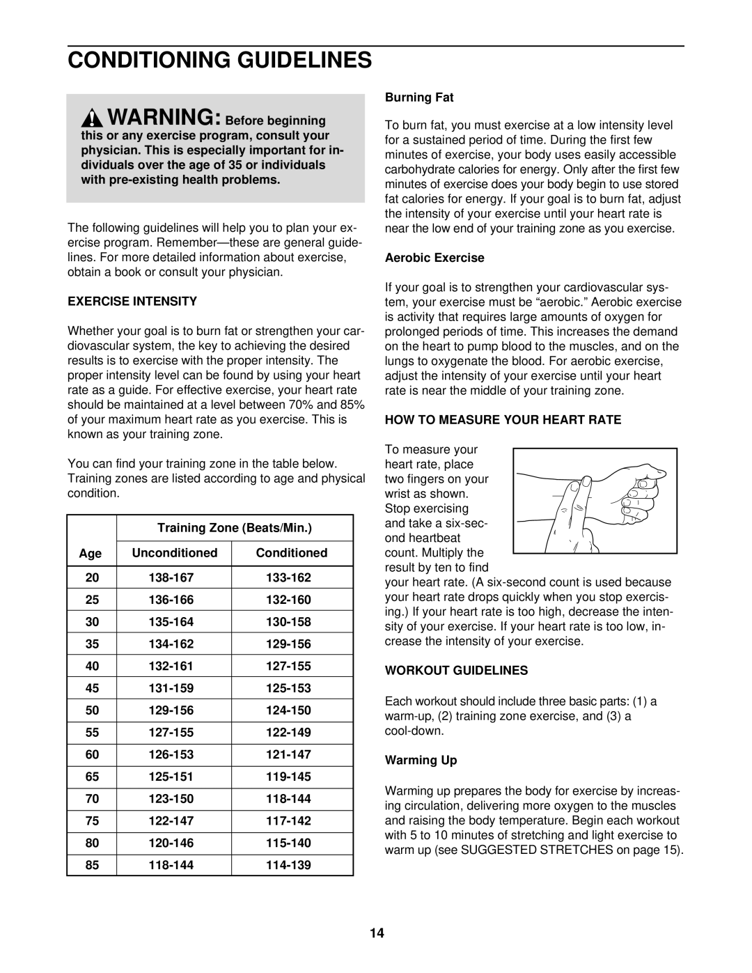 Weslo WLTL11094 user manual Conditioning Guidelines, Exercise Intensity, HOW to Measure Your Heart Rate, Workout Guidelines 